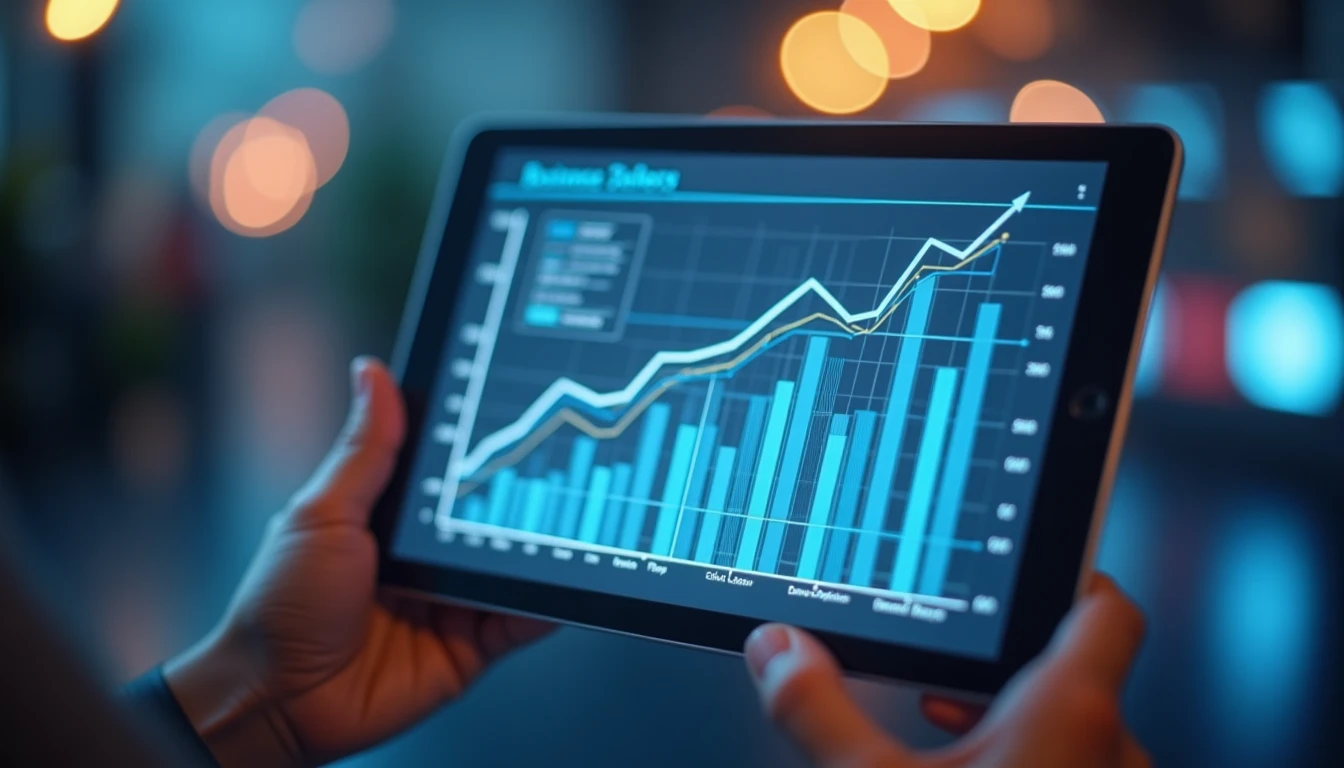 Business growth chart success metrics performance increase detailed analysis on tablet computer