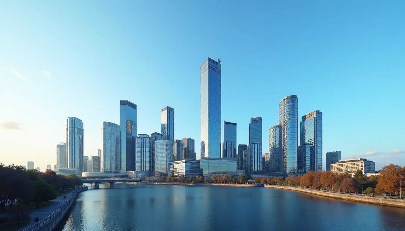 Frankfurt business district office buildings corporate skyline detailed blue sky